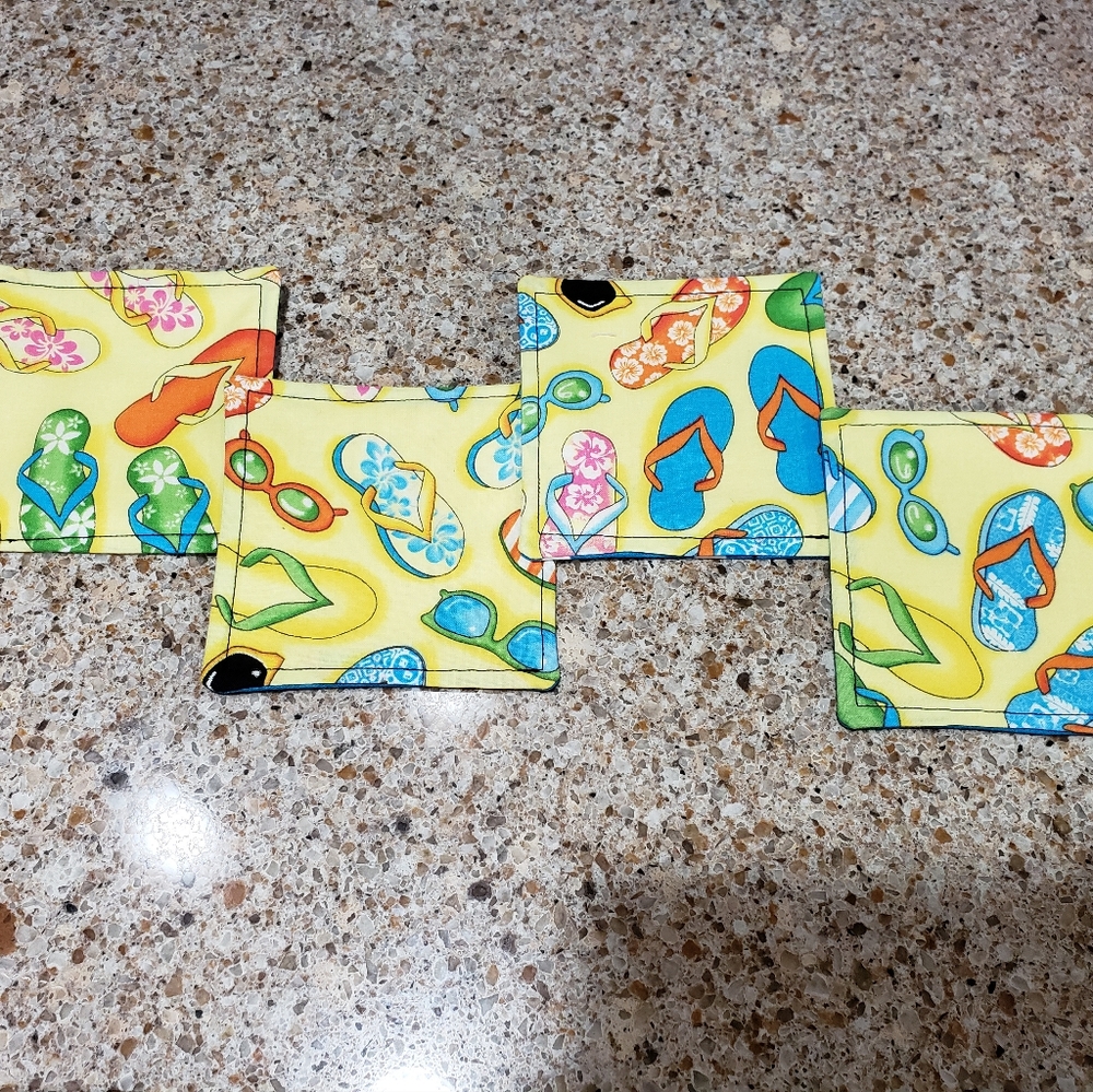 Coasters set of 4 flip flops beach summer polka dot yellow blue